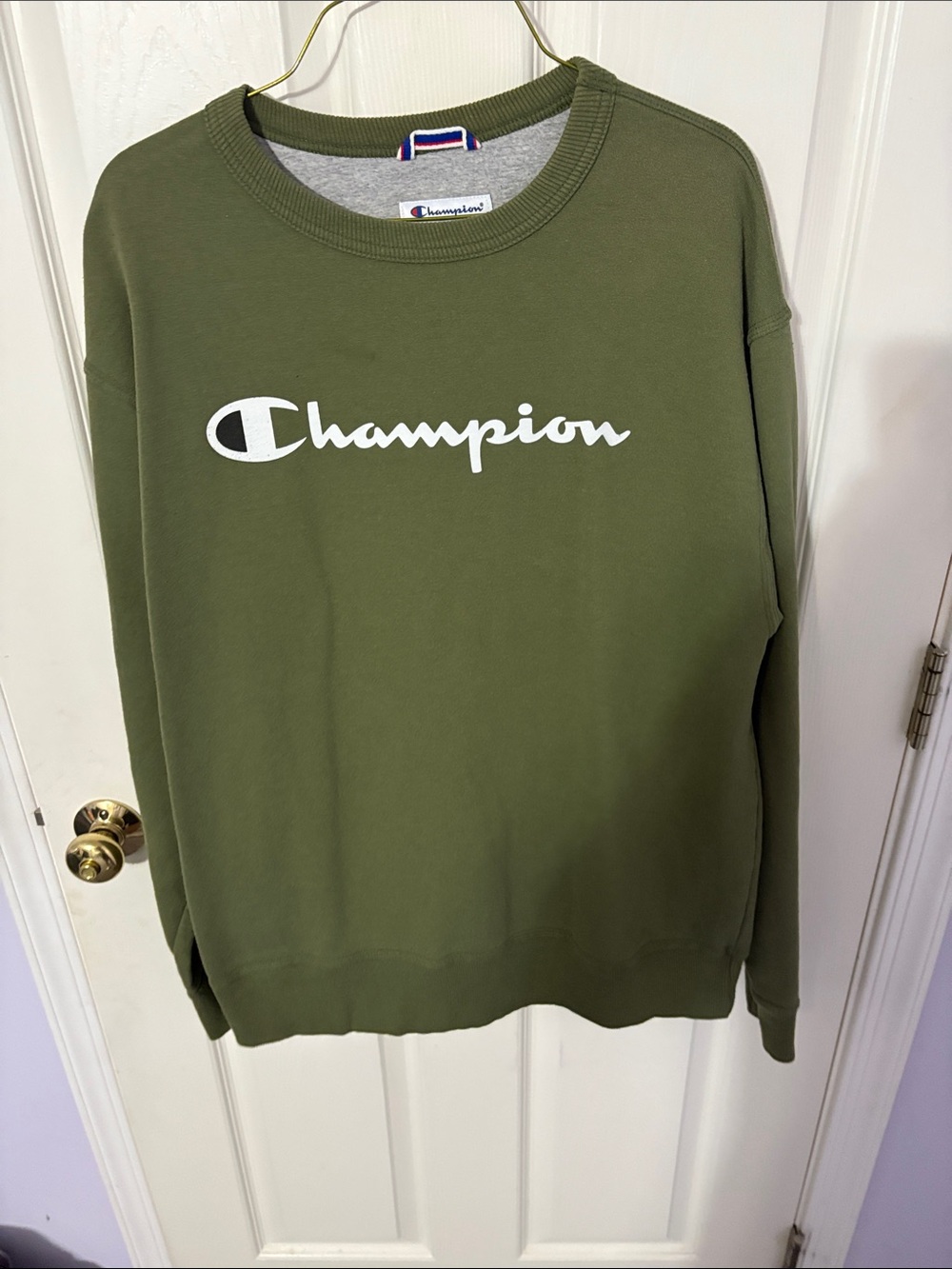 Champion Olive Crewneck with White Script Logo